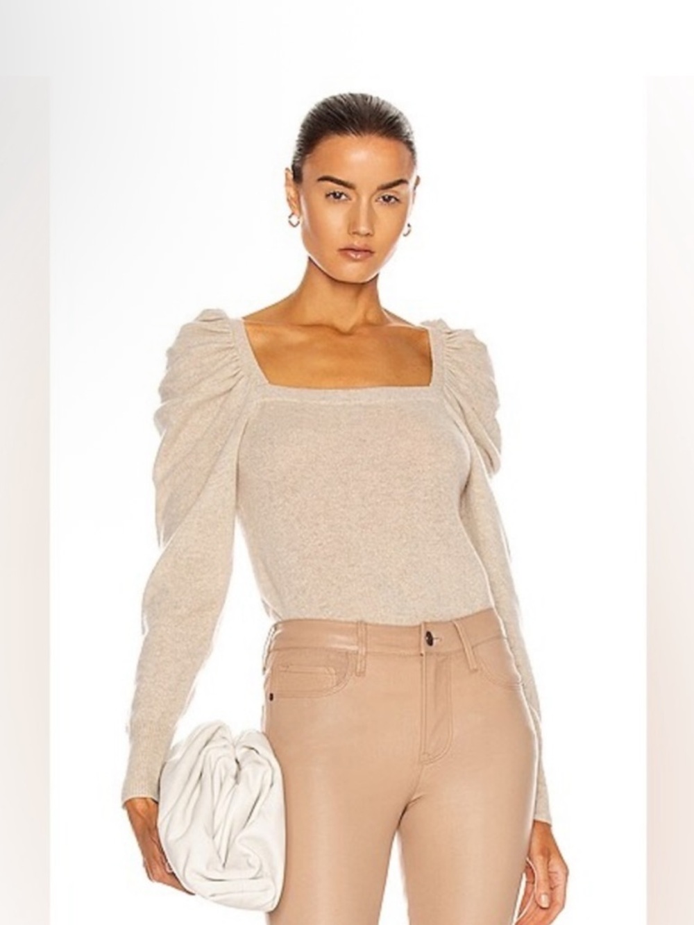Nwot Frame Femme 100% Cashmere Square Neck Puff Sleeve Cream Ecru Sweater Size L
